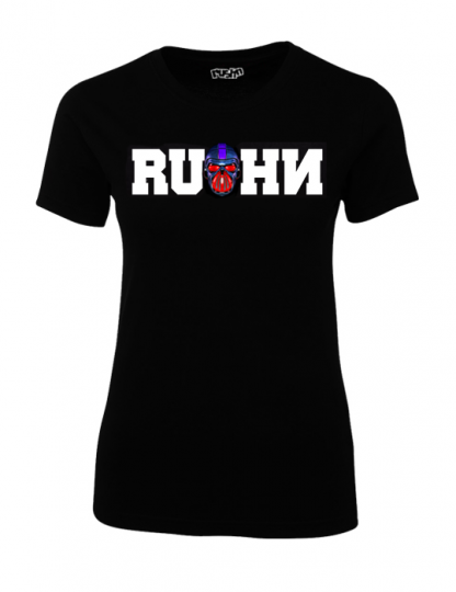 Rushn Red Gasmask design on a ladies t-shirt