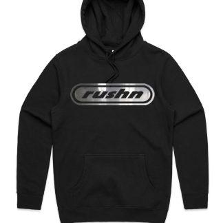 Rushn reflective logo on a black hoodie