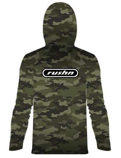 Rushn Green Camo lightweight hoodie with a face buff